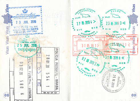 Immigration stamps of Brunei, Brazil, Georgia, Armenia and Panama in a French passport. No personal data