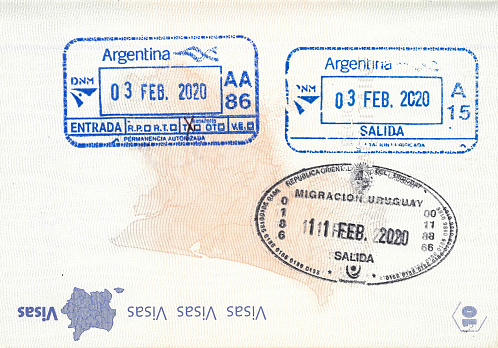 Immigration stamps of Argentina and Uruguay in a French passport. No personal data