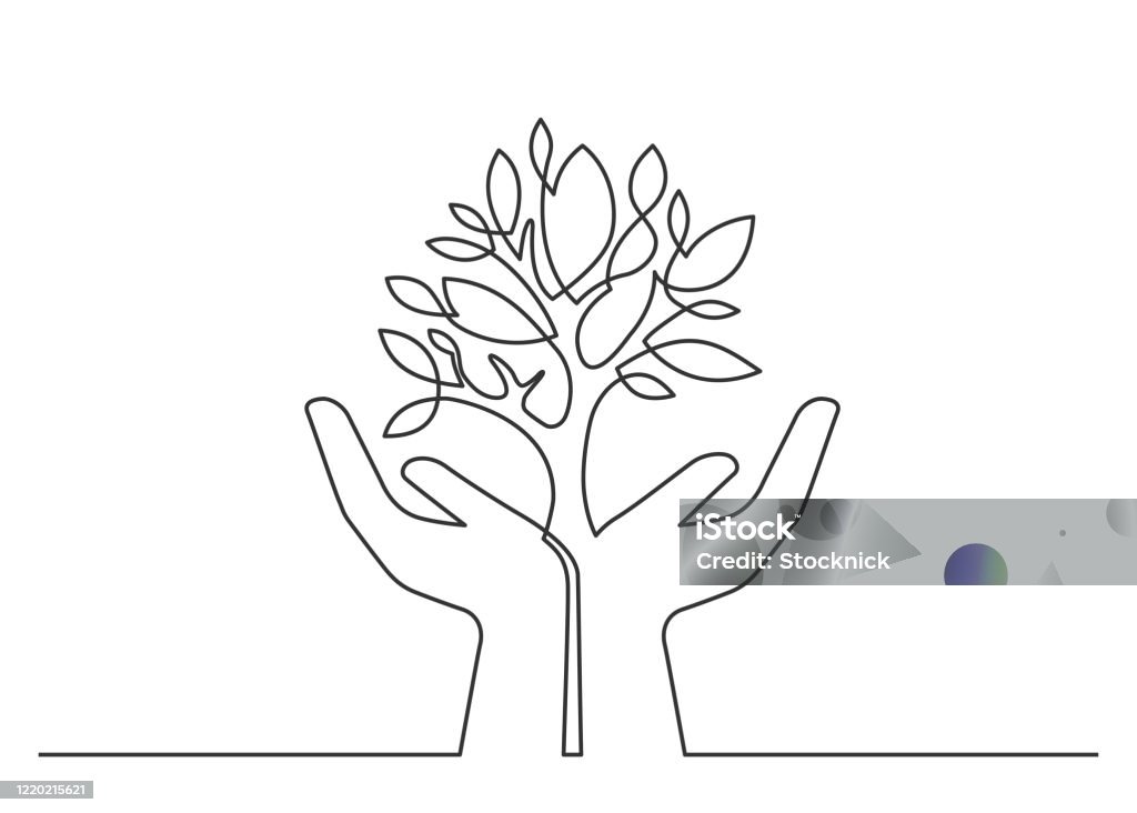 Hands tree one line Continuous line drawing of tree between two  human hands meaning care and love. Vector illustration Tree stock vector