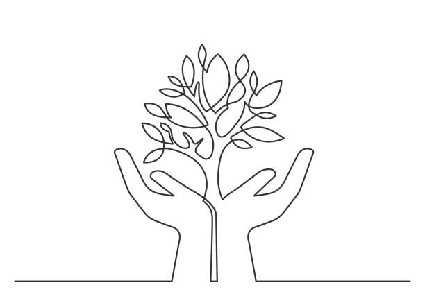 Hands tree one line Continuous line drawing of tree between two  human hands meaning care and love. Vector illustration hand drawing icon stock illustrations