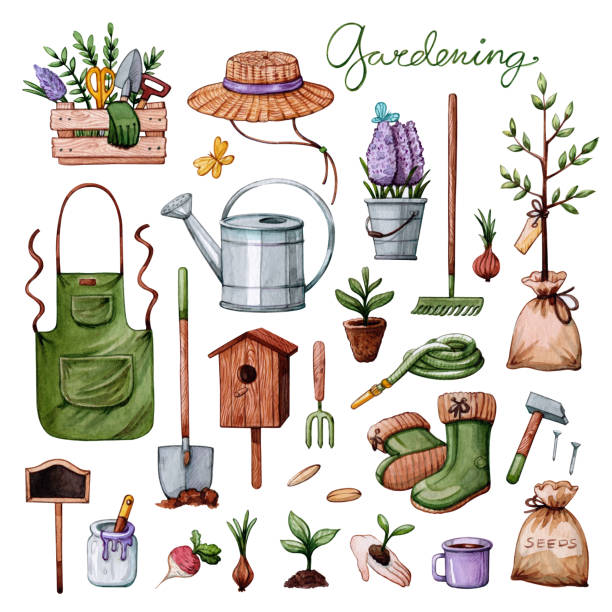 watercolor set of garden tools and equipment hand drawn watercolor clipart set of garden tools and equipment isolated on white background. Gardening, illustration and spring concept art name plates stock illustrations