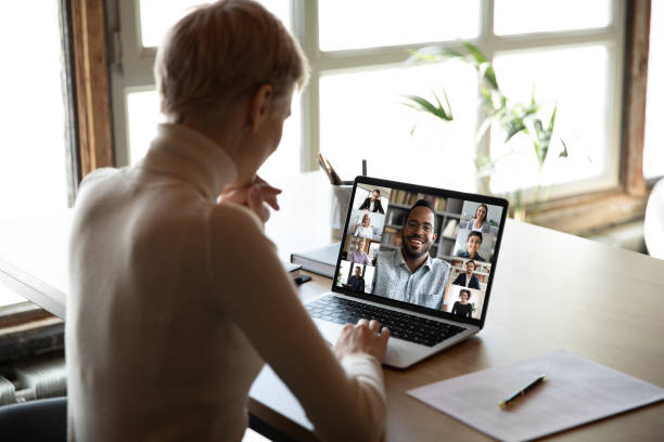 diverse people engaged at online group meeting computer screen view - adult black camera caucasian imagens e fotografias de stock