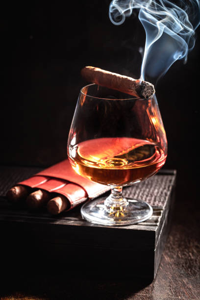 bourbon and smoking cigar on old humidor - cigar whisky bar cognac imagens e fotografias de stock