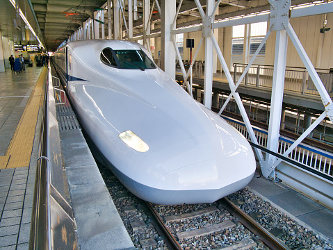 A Japanese shinkansen bullet train waits at Hakata Station (Fukuoka) before departure.