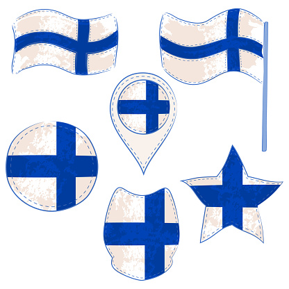 Flag of Finland Made in Different Variations, as Flag with and without Stick, in a Circle, as Shield, Star and Map Pointer. Flag Shapes with Contours, Decorated with Dotted Stitch and Brush Texture.