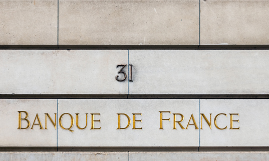 Paris, France - April 14, 2019: Banque de France sign on the facade of a building at rue Croix des Petits Champs in Paris