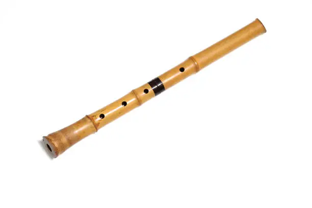 Pictured Bamboo Flute called Shakuhachi in a white background.