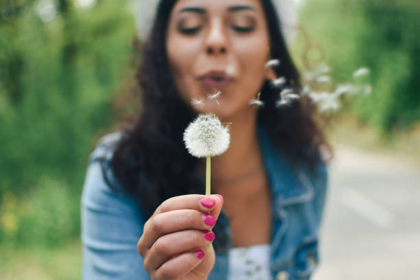 close-up of a happy young woman blowing dandelion - soprar imagens e fotografias de stock