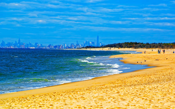 istock Atlantic Ocean shore at Sandy Hook with view on NYC reflex 1220223348