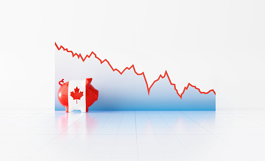 Piggy bank textured with Canadian flag sitting in front of a line graph on white background. Horizontal composition with copy space. Volatility in Canadian Economy and Canadian Dollars.