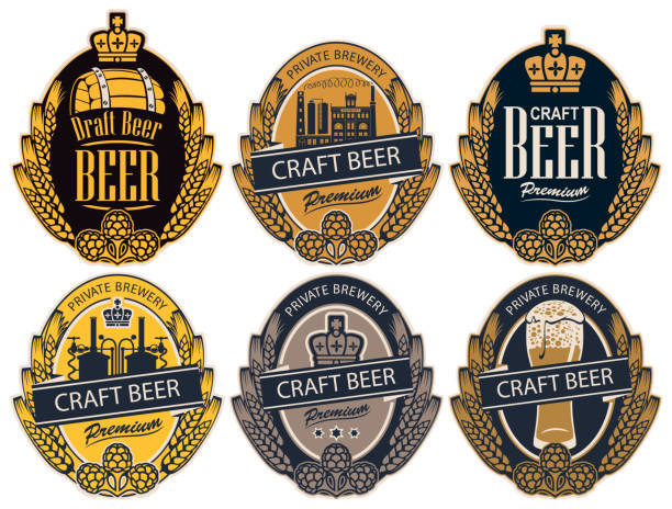 set of labels for beer and brewery in retro style Set of six vector labels for craft beer of a private brewery in the form of a coat of arms in retro style. Label templates with wheat or barley ears, hops and crown in an oval frame beer alcohol stock illustrations