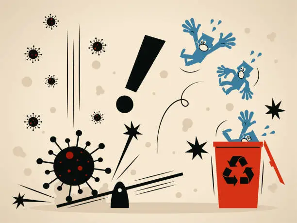 Vector illustration of Group of people are falling off a seesaw and into a garbage bin. Coronavirus (COVID-19) has broken the supply chains, company closed and business shut down and worker being fired