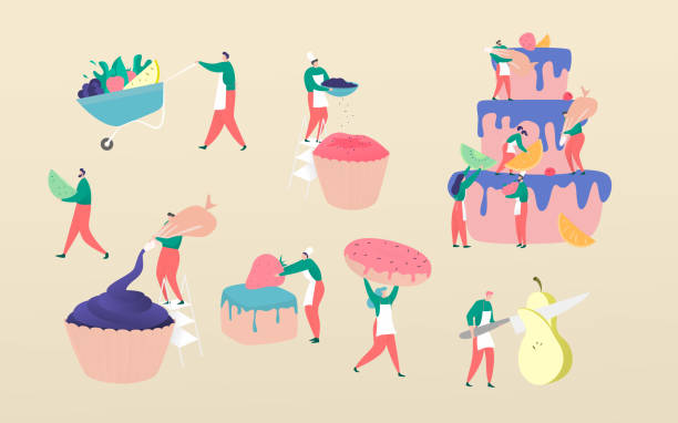 ilustrações de stock, clip art, desenhos animados e ícones de cakes and confectionery people chef manufacturing, vector illustration, flat style, tiny characters make sweets and homemade cupcakes. - bakery women cake cupcake