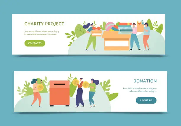 Vector illustration of Donation, charity poster banner vector illustration design. Charitable contribution concept. People donate toys, clothes, book, money.