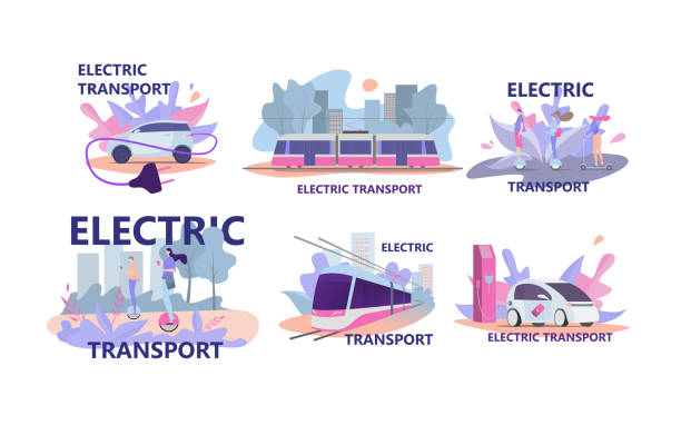 Electric city transport vector illustration, flat modern segway, train, car parking recharge battery, eco vehicles set isolated on white Electric city transport vector illustration. Cartoon flat modern electrical segway, train, car parking recharge battery. Eco friendly green alternative transportation vehicles set isolated on white tram stock illustrations