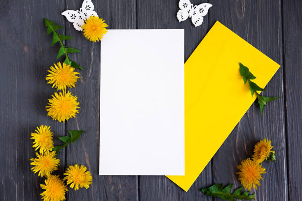 istock Mock up spring with dandelion on a gray wooden background with a postal envelope and place for an inscription. Bright spring flower frn. View from above 1220225141