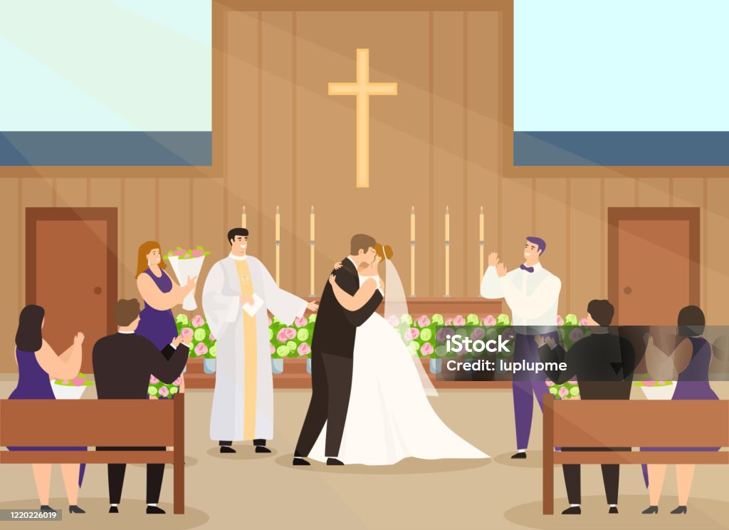 Ilustración de Ceremonia De Boda En La Ilustración Vectorial De La Iglesia Dibujos Animados Feliz Pareja Personajes Casándose Y Besándose En El Fondo Interior De La Capilla y más Vectores Libres de Ilustración de Ceremonia De Boda En La Ilustración Vectorial De La Iglesia Dibujos Animados Feliz Pareja Personajes Casándose Y Besándose En El Fondo Interior De La Capilla y más Vectores Libres de