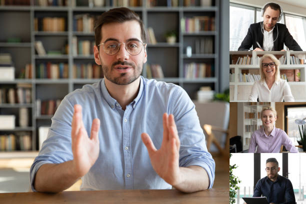 istock Team leader lead group videoconference meeting with diverse colleagues 1220226070