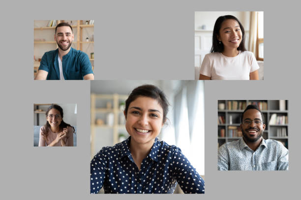 On gray background photos of five multiracial girls and guys On gray background photos of five multiracial girls and guys smile look at camera. E-date website ad, diverse freelancer webcam pc view easy convenient usage of app for worldwide communication concept webcam view man stock pictures, royalty-free photos & images