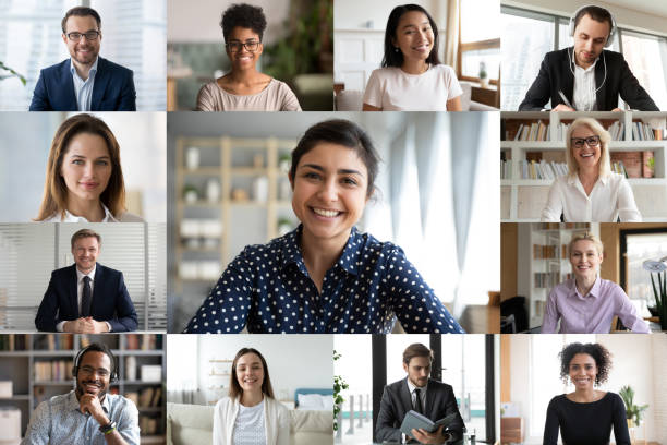 istock Webcam screen view multiracial businesspeople involved in group videoconference meeting 1220226073