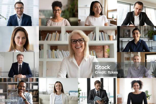 Diverse Businesspeople Using Videoconference Application Laptop Webcam Screen View Stock Photo - Download Image Now