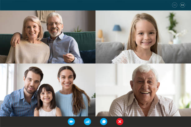 Webcam laptop screen view multigenerational family involved in videocall communication Head shot portraits webcam laptop screen view diverse people using videoconference application enjoy online meeting. Multi generational family involved in group videocall distant communication concept midsection photos stock pictures, royalty-free photos & images
