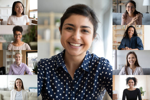 collage de mujeres multi étnicas vista webcam - digital composite office worker computer monitor business fotografías e imágenes de stock