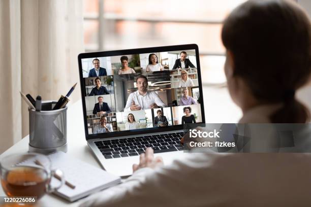 On Laptop Diverse People Collage Webcam View Over Woman Shoulder Stock Photo - Download Image Now