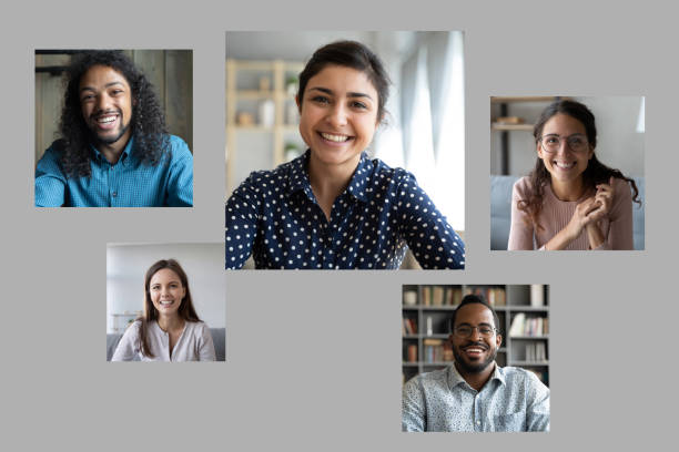 On gray background photos of five beautiful multiracial people Over gray background photos of diverse young girls and guys, indian african mixed-race and caucasian entrepreneurs involved in group video call. Distant virtual communication application advertisement webcam view man stock pictures, royalty-free photos & images