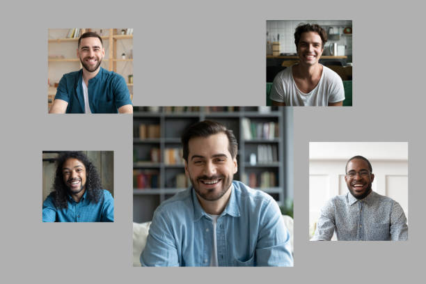 over gray background photography of five handsome millennial multiethnic guys - adult black camera caucasian imagens e fotografias de stock