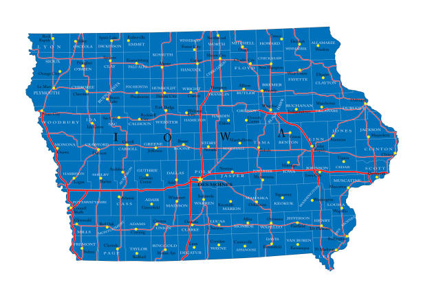 Iowa state political map Detailed map of Iowa state,in vector format,with county borders,roads and major cities. des moines silhouette stock illustrations