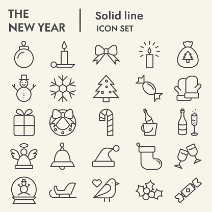 New year line icon set. Wnter collection or sketche, symbols. Happy New Year holiday signs for web, outline style pictogram package isolated on white background. Vector graphic