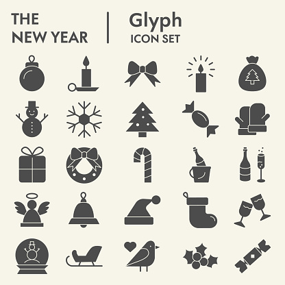New year solid icon set. Wnter collection or sketche, symbols. Happy New Year holiday signs for web, glyph style pictogram package isolated on white background. Vector graphic