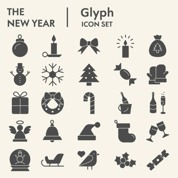New year solid icon set. Wnter collection or sketche, symbols. Happy New Year holiday signs for web, glyph style pictogram package isolated on white background. Vector graphic. New year solid icon set. Wnter collection or sketche, symbols. Happy New Year holiday signs for web, glyph style pictogram package isolated on white background. Vector graphic vector icon set stock illustrations
