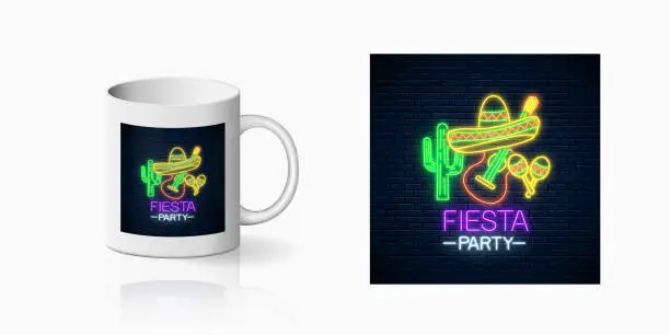 Vector illustration of Glowing neon fiesta holiday sign for cup design. Mexican festival design with guitar, maracas, sombrero hat and cactus