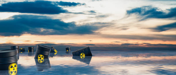 barril radiactivo en el océano 3d render - pollution sea toxic waste garbage fotografías e imágenes de stock