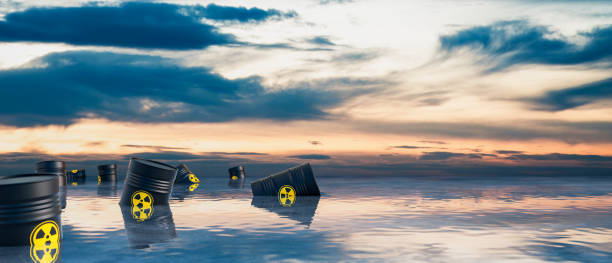 radioaktywna beczka w oceanie renderowanie 3d - pollution sea toxic waste garbage zdjęcia i obrazy z banku zdjęć