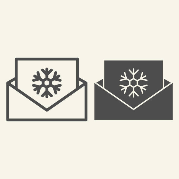 スノーフレークラインとソリッドアイコンのエンベロープ。白い背景にクリスマスと新年の挨拶の手紙のアウトラインスタイルのピクトグラム。モバイルコンセプトとウェブデザインのため� - 封筒 白点のイラスト素材／クリップアート素材／マンガ素材／アイコン素材