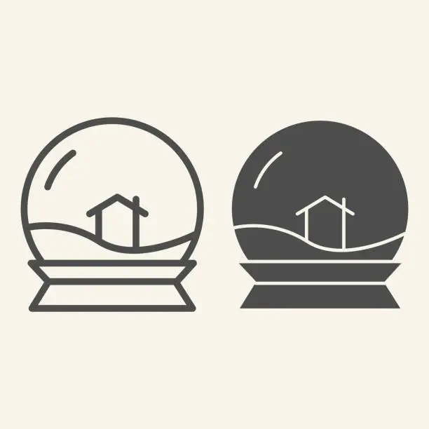 Vector illustration of Glass toy ball line and solid icon. Snowglobe with house inside outline style pictogram on white background. Crystal snow souvenir and lodge sign for mobile concept and web design. Vector graphics.