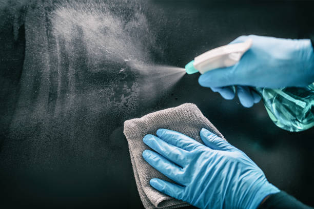 istock Surface home cleaning spraying antibacterial sanitizing spray bottle disinfecting against COVID-19 spreading wearing medical blue gloves. Sanitize surfaces prevention in hospitals and public spaces 1220232131