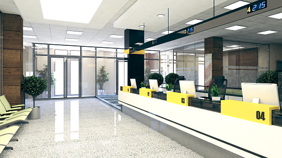 Customer stand with digital counter in large open space office perspective realistic 3D rendering