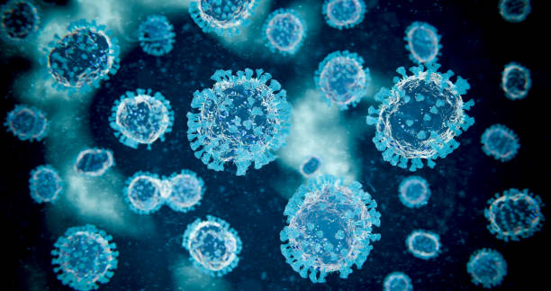 istock Blue Microscopic COVID-19 Coronavirus Molecules - nCOV Influenza Virus Pathogen Under Macro Lab Medical Microscope 3D Rendering 1220232212