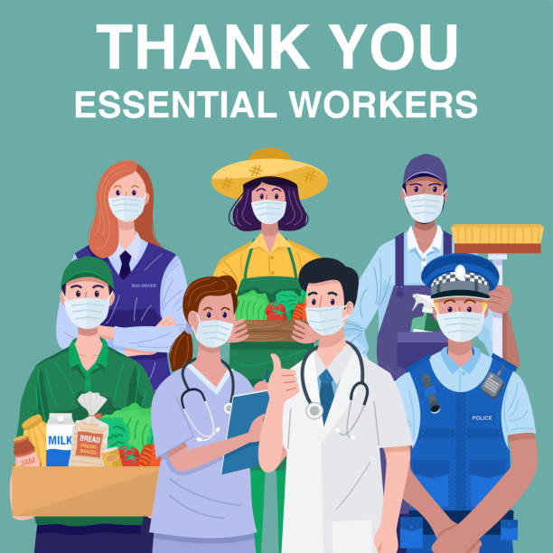 Thank You Essential Workers Concept. Various occupations people wearing face masks. Vector eps 10 cleaner illustrations stock illustrations