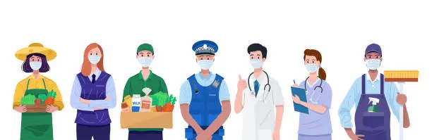 Vector illustration of Essential workers, Various occupations people wearing face masks. Vector