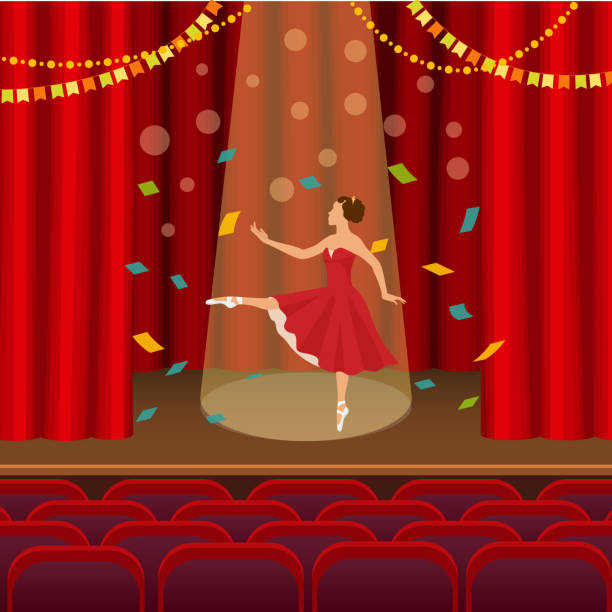 illustrazioni stock, clip art, cartoni animati e icone di tendenza di ballerina che balla sulla scena dell'illustrazione vettoriale piatta del teatro. - stage theater theatrical performance curtain seat