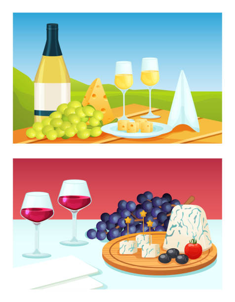 ilustrações, clipart, desenhos animados e ícones de vinho de desenho animado com ilustração vetorial de queijo. garrafa de vinho de álcool liso, suco de bebida líquida em vidro, prato de queijo, conjunto de lanches - champagne flute wine isolated wineglass