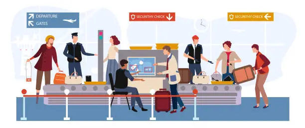 Vector illustration of People in airport vector illustration, cartoon flat man woman travel characters with baggage passing through scanner and security checkpoint