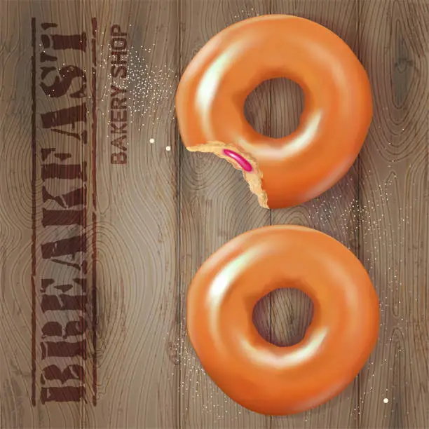 Vector illustration of Donuts on a wooden table. Bakery shop concept. Realistic vector illustration