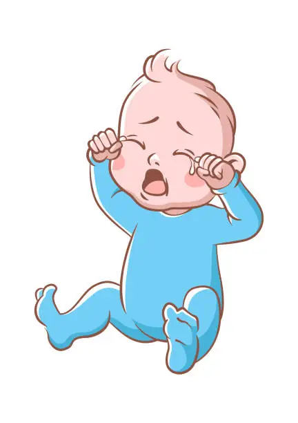 Vector illustration of Baby boy crying. Funny toddler expression of sitting newborn isolated cartoon vector sad child