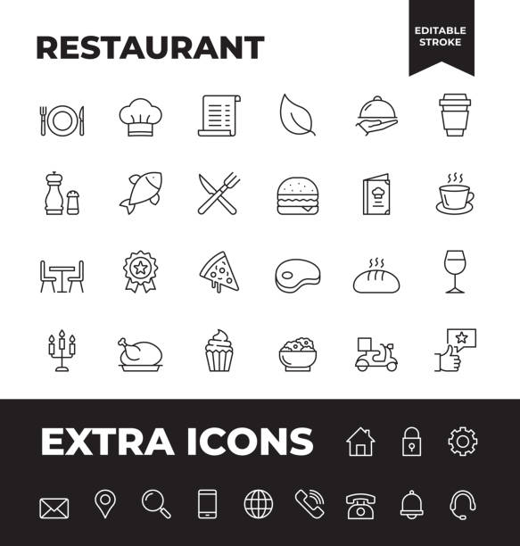 prosty zestaw ikon linii wektorowej restauracji - leaf cup breakfast drink stock illustrations